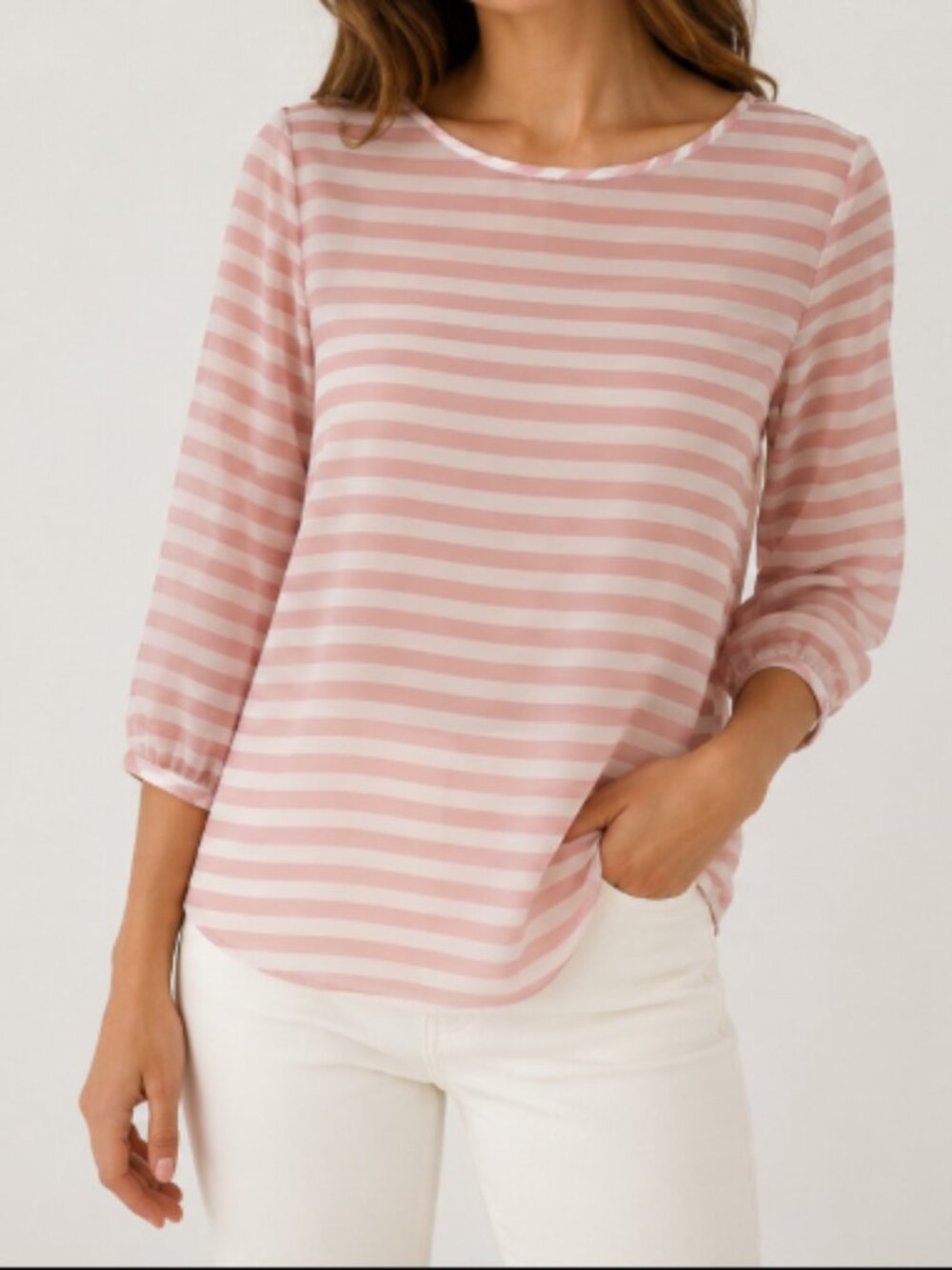 LOFT Pink and White Striped Chiffon Long Sleeve Shirt Size Small